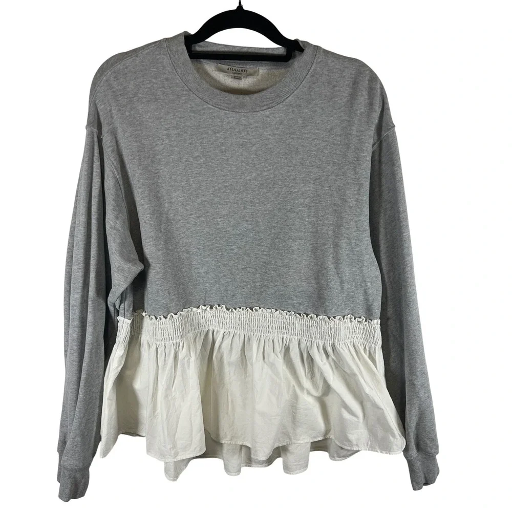 AllSaints Nio Sweat Grey White Ruffle‎ Hem Peplum Sweatshirt Medium WM137R